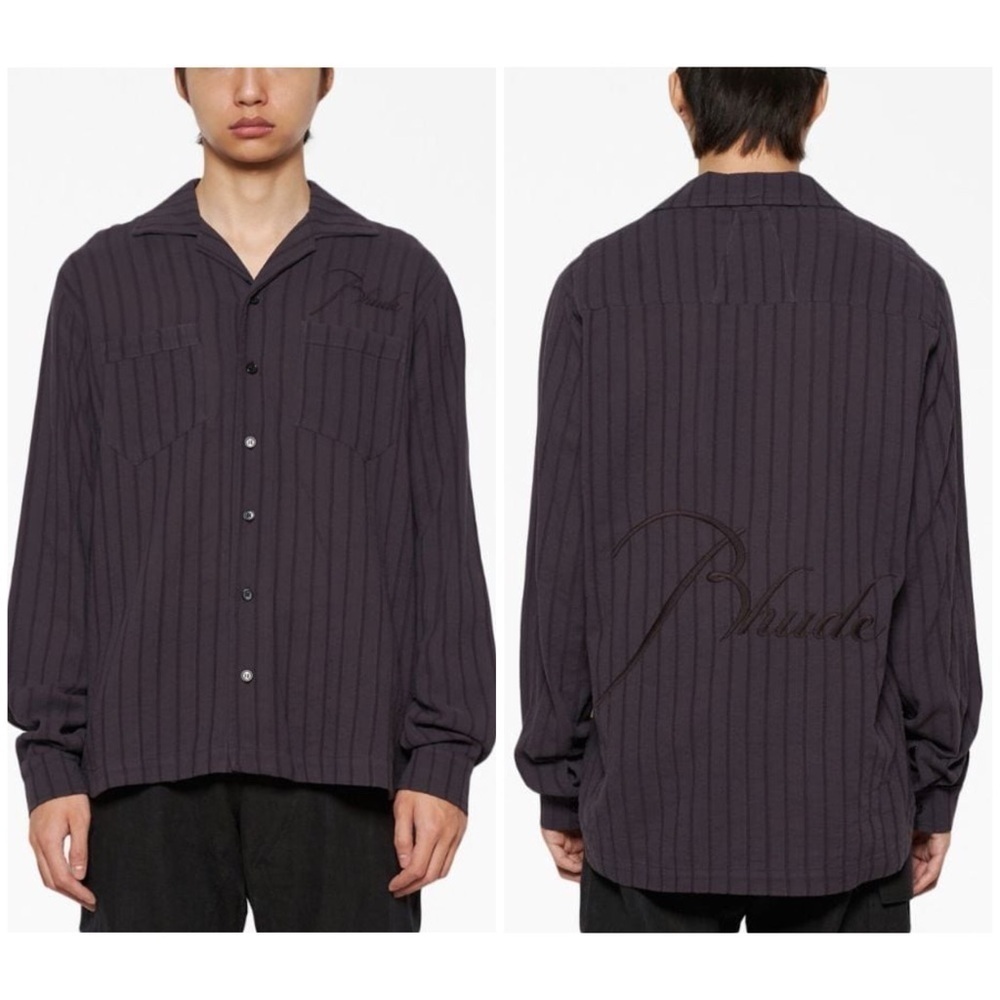 New Rhude Striped Cotton Shirt Button Front Gray Slate Embroidered Logo Mens M